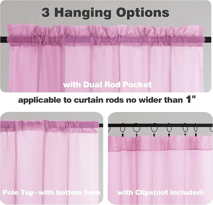 Chyhomenyc Pink Sheer Curtains 45 Inch Long 2 Panels, Light Filtering Rod - Image 3