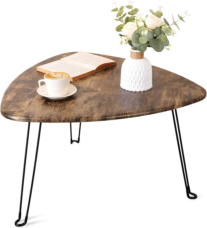 Folding Coffee Table Triangle Designs Oval Coffee Tables Mid Century Wooden Triangular Accent Table with Metal Legs Foldable Industrial Sofa Center Table for Living Room Space Saving