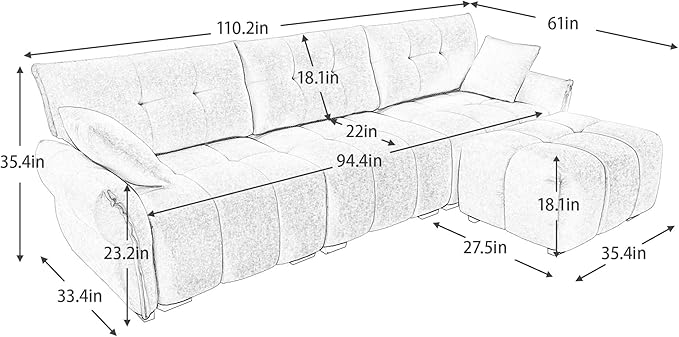 Modern Chenille Fabric 3-Seat Sofa w/Ottoman+2 Pillows, Premium Upholstery Living Room Couch with Tufted Backrest & Comfortable Armrests and High-Resilience Memory Foam Cushions,White