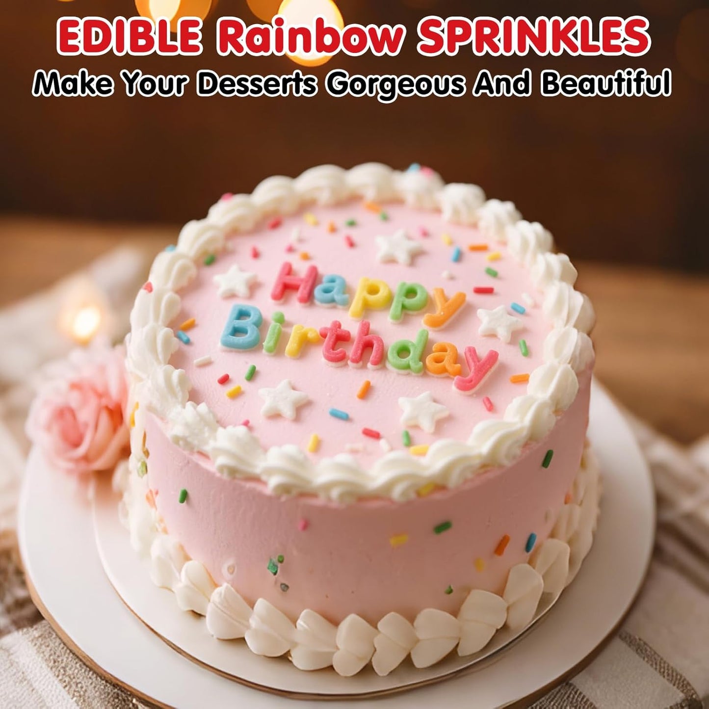 Edible Rainbow Sprinkles for Cake Decorating,White Stars Candy Mix Colored Jimmies,100g/3.53oz,Dessert Decorations,Cupcake,Cookies,Ice Cream Topper,Colorful Pastel Sprinkle for Cake Decorating,Perfect For Birthday Party,Festival Baking Supplies