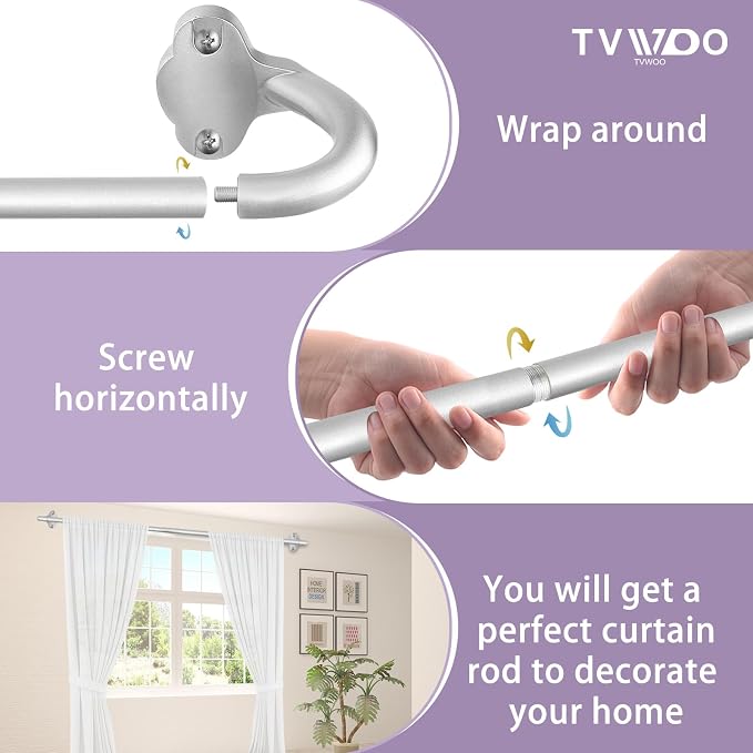 TVWOO Silver Wrap Around Curtain Rods:5/8 Inch Blackout Adjustable Window - Image 9