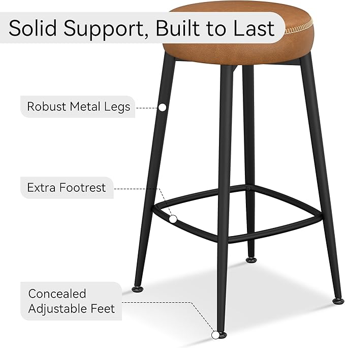 Counter Height Bar Stools, 26" H Backless Bar Stools Set of 4, Upholstered Faux Leather Kitchen Counter Stools, Mid Century Modern, Kitchen Island Home Bar, Pub, Caramel Brown