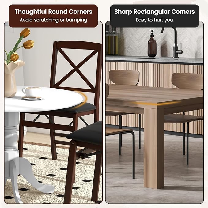 COSTWAY Round Dining Table for 4, 39-inch Wooden Kitchen Table with Solid Rubber Wood Frame, Curved Trestle Legs, Adjustable Foot Pads, Mid Century Rustic Dinning Table for Living Room (White)