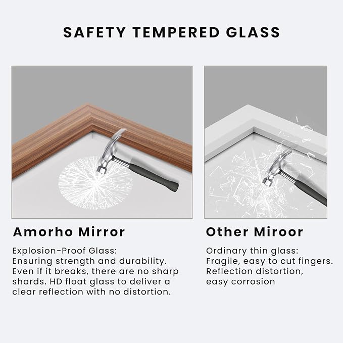 Amorho Bathroom Mirror, 60 X36 Inch Wall Mirror, Walnut Wood Grain Metal Framed, Anti-Rust, Hang Horizontally/Vertically, Suitable for Bedroom, Farmhouse, Bathroom, Decorative