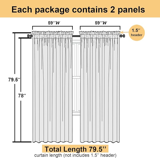 Lecloud Ivory Sheer Curtains 78 Inches Long 2 Pcs, Rod Pocket Light Filtering - Image 2