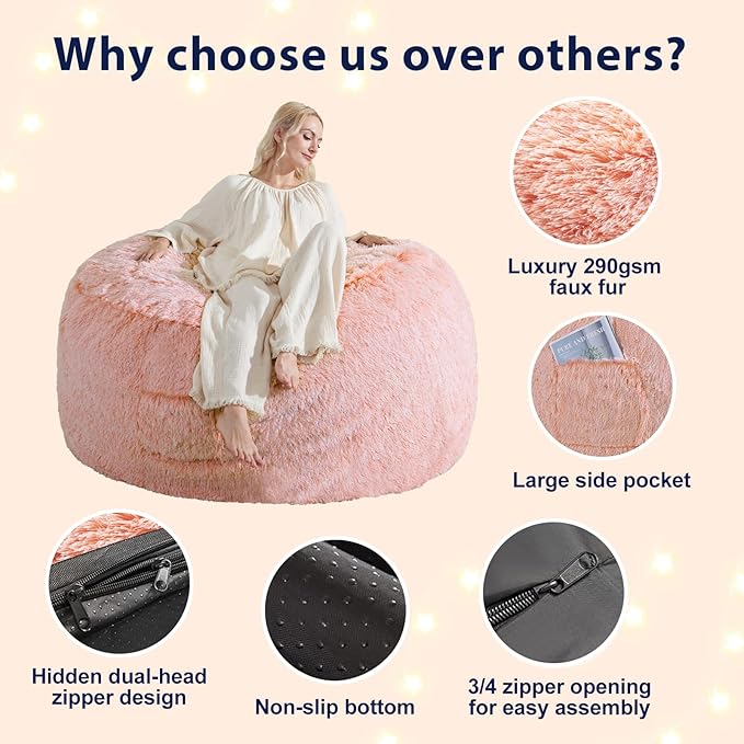 Bean Bag Cover(No Filler), Faux Fur Comfy Bean Bag Chairs for Adults, Washable Bean Bag Chair Cover, Fluffy Plush Giant Bean Bags Chairs for Teens Kids Girls, Anti-Slip, 5FT, Orange