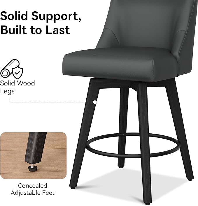 Counter Height Bar Stools Set of 6, Modern Swivel Barstools with Back and Wood Legs, Faux Leather Upholstered Bar Chairs, 26" H Kitchen Counter Stools, Kitchen Island Home Bar, Black Grey