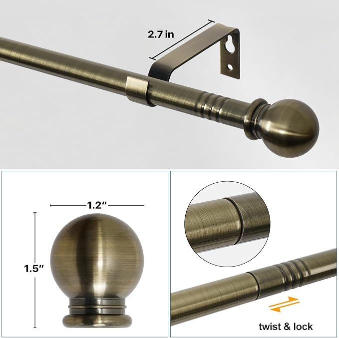Antique Brass Curtain Rods for Windows 66 to 120, Adjustable Long Curtain Rod - Image 2