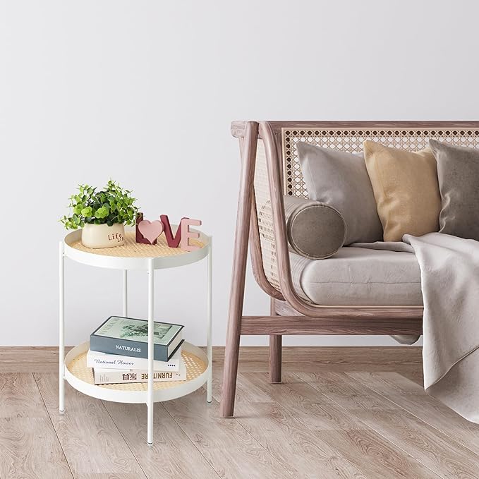 TeoKJ All Metal Side Table, 2 Tier Anti Rust End Table with Imitation Rattan Pattern on Removable Trays, Round Table for Living Room, Small Nightstand for Bedroom 20.47 Inch x 16.54 Inch Pearl White