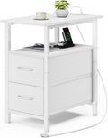 Vagusicc White End Table with Charging Station, Narrow Side Table, 23.8'' Tall Nightstand with 2 Fabric Drawers, Small Sofa Side Table Narrow Nightstand for Small Spaces, Living Room, Bedroom, White