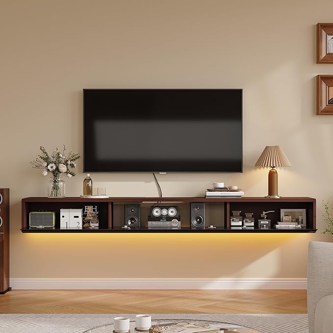 Floating TV Stand Matte Finish, 55'' Wall-Mounted TV Cabinet,Floating TV Console,Under TV Shelf with 3 Doors for Living Room Bedroom(Walnut+Black)