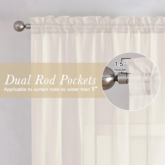 Lecloud Ivory Sheer Valances for Windows 18 Inch Length 2 Pcs, Cafe Kitchen - Image 2
