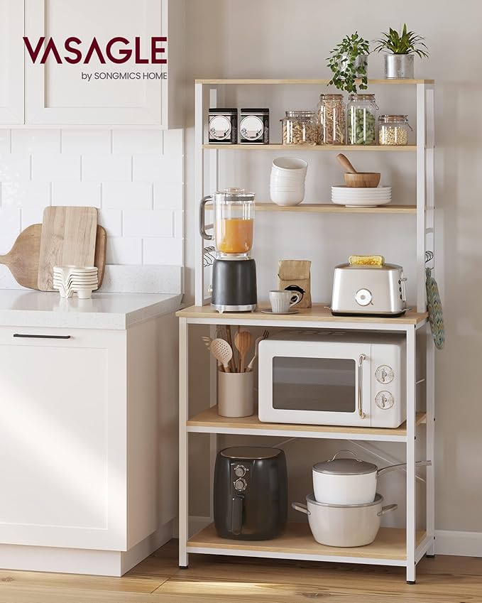 VASAGLE Coffee Bar, 31.5 Inches Baker's Rack for Kitchen with Storage, 6-Tier Kitchen Shelves with 6 Hooks, Microwave Stand, Industrial, Oak Colour and White UKKS019W09