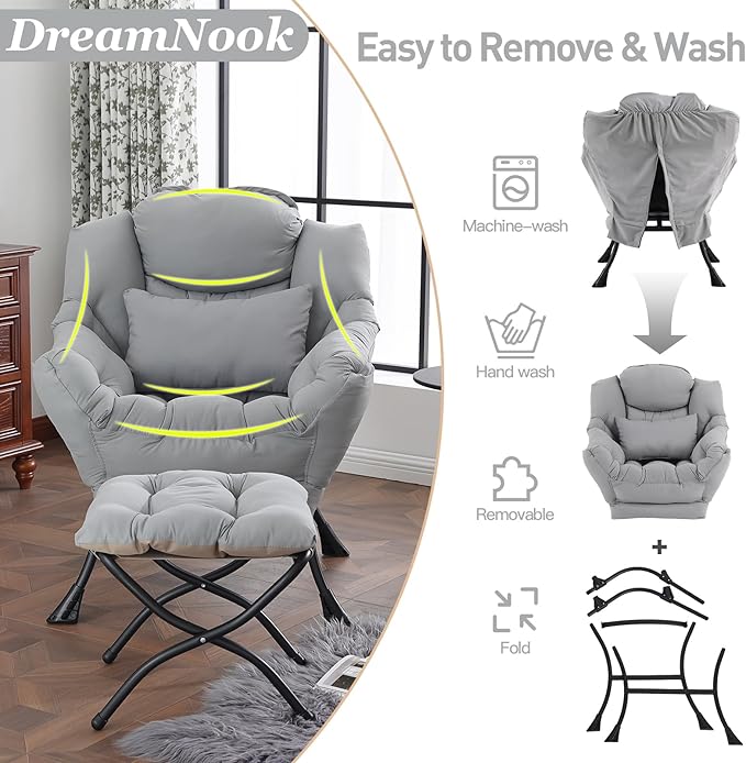 Lazy Chair with Ottoman, Modern Accent Chair with Lumbar Pillow, Comfy Chairs with Folding Footrest for Bedroom, Reading, Oversized Supportive Lounge Chairs(Grey)