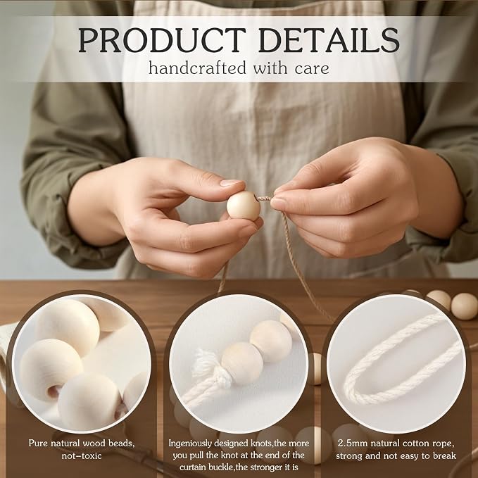 Hion 2 Pcs Boho Curtain Tiebacks, Wood Beads Curtain Holdbacks, Outdoor - Image 3
