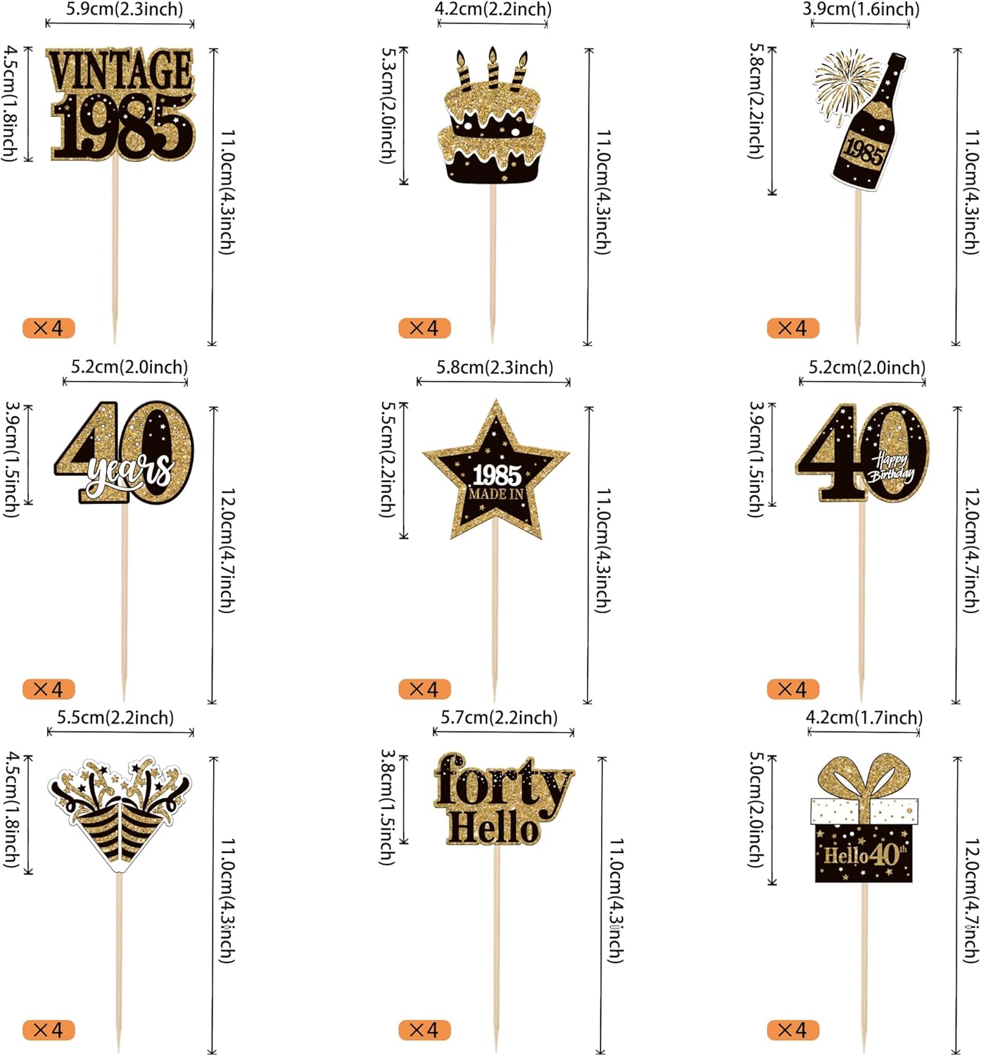 36PCS Happy 40th Birthday Cupcake Toppers Double Sided Black Gold Forty Hello 40 Vintage 1985 Cupcake Picks Cheers to 40 Years 40 Fabulous Cake Decorations for 40th Birthday Party Supplies