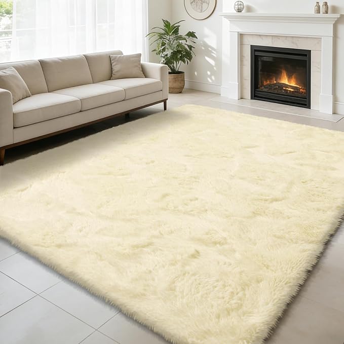 8x10 Fluffy Area Rugs for Living Room, Shag Area Rug for Bedroom, Ivory Soft by yulidayang