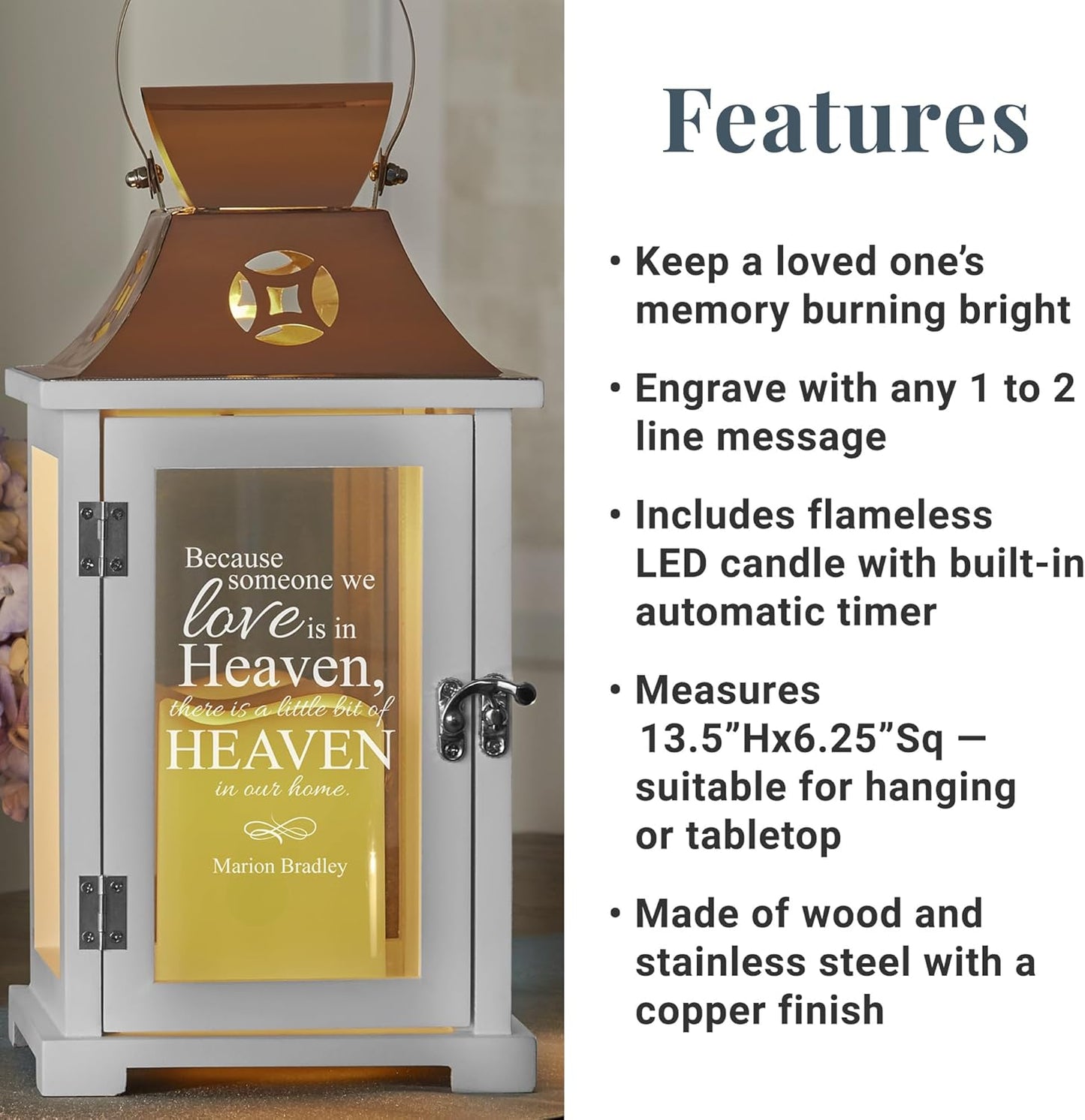 Let's Make Memories Personalized Memorial Lantern - Sympathy - Condolences - LED Candle - Automatic Timer - Wood/Stainless Steel - Copper Finish - for Loved Ones in Heaven