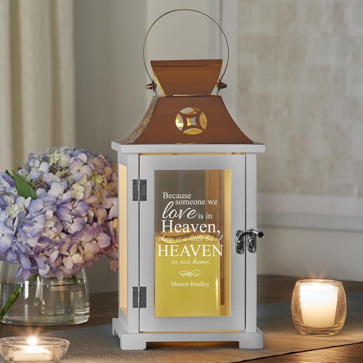 Let's Make Memories Personalized Memorial Lantern - Sympathy - Condolences - LED Candle - Automatic Timer - Wood/Stainless Steel - Copper Finish - for Loved Ones in Heaven