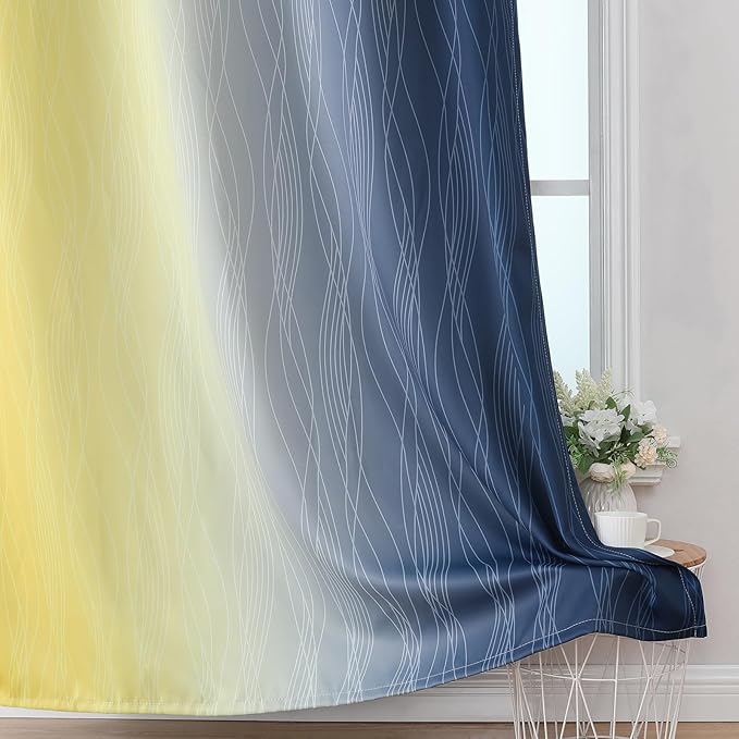 Estelar Textiler Navy Blue and Yellow Ombre Blackout Curtains - Image 6