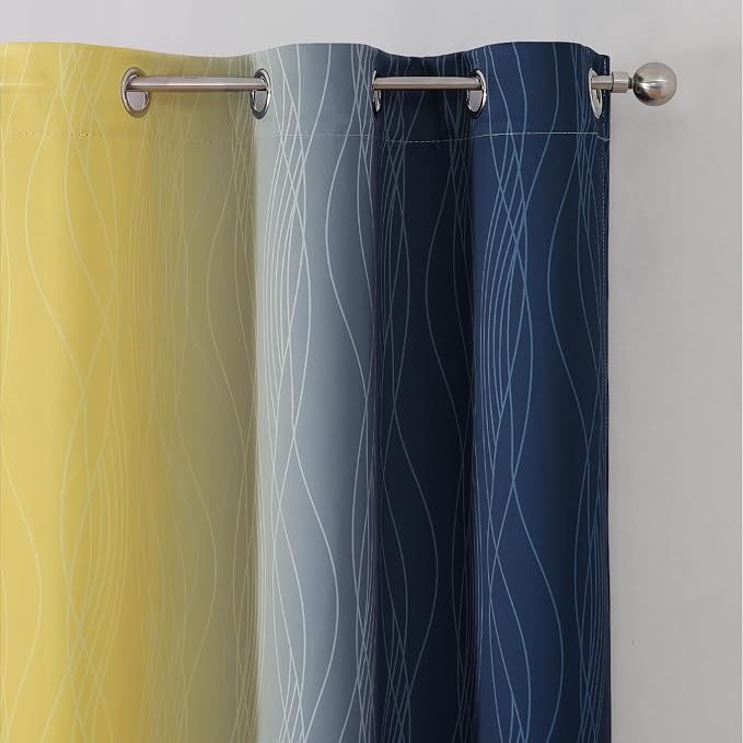 Estelar Textiler Yellow and Navy Blue Ombre Blackout Curtains - Image 4