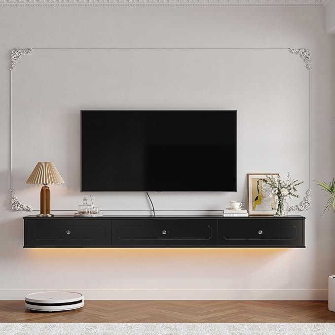 Retro Floating TV Console with 3 Doors,55'' High Gloss Floating TV Stand,Wall Mounted TV Cabinet,Contemporary Floating Media Console for Under TV Storage,Living Room,Bedroom(Black)