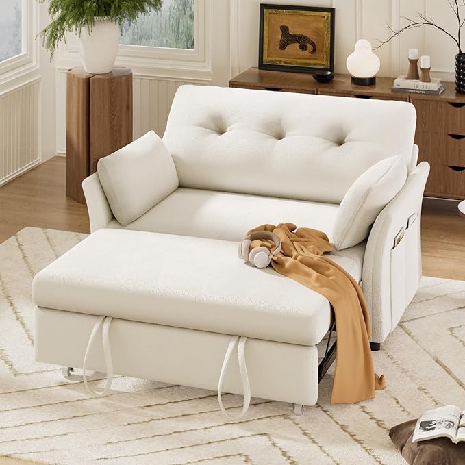 Vipbear 3-in-1 Chenille Convertible Sofa Bed, Pull Out Sleeper Sofa with Reclining Backrest & Side Pocket, Tool-Free Assembly, Folding Loveseat for Living Room, Apartment, White