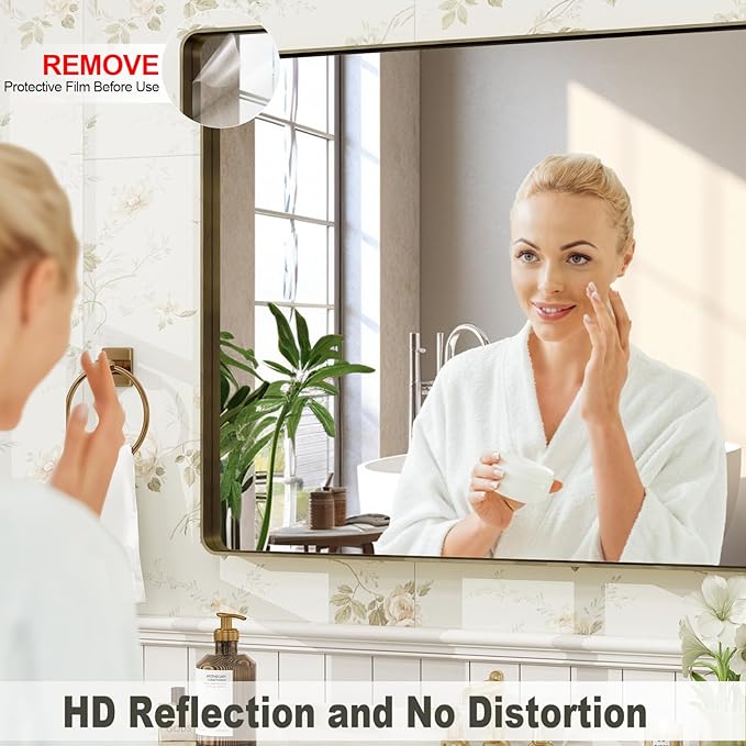 28x36 Inch Bronze Framed Bathroom Mirror, Brushed Bronze Metal Vanity Mirror, Rounded Bronze Rectangle Mirror, Tempered Glass, Anti-Rust, Shatterproof (Horizontal/Vertical)
