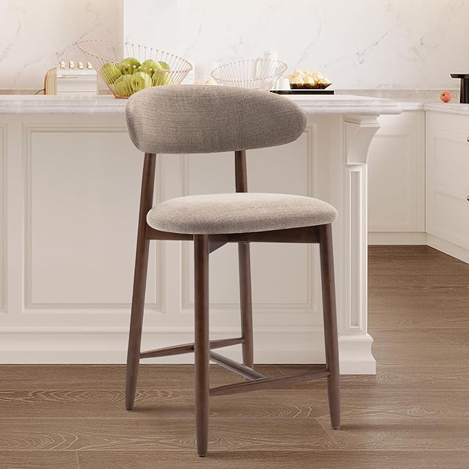 COLAMY Counter Height Bar Stools Set of 4, Kitchen Bar Stools with Back, Mid Century Modern Upholstered, with Wood Legs for Kitchen Island Dining Room, Camel
