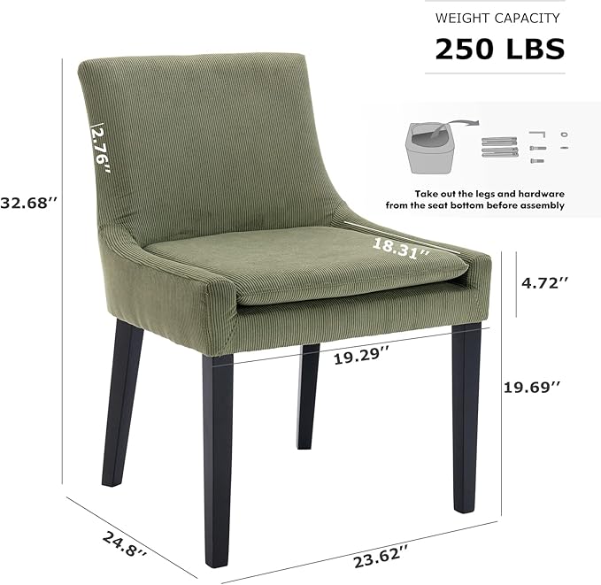 COLAMY Modern Dining Chairs Set of 2, Upholstered Corduroy Accent Side Chairs with Mid Back and Wood Legs for Living Room/Dining Room- Light Green