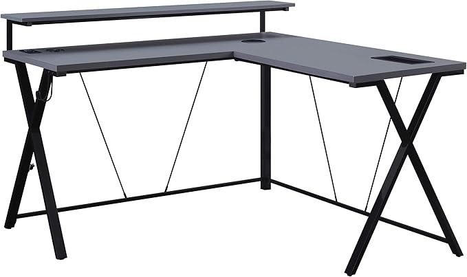 OSP Home Furnishings Checkpoint Battlestation L Shaped Gaming Desk with RGB LED Lights, Black