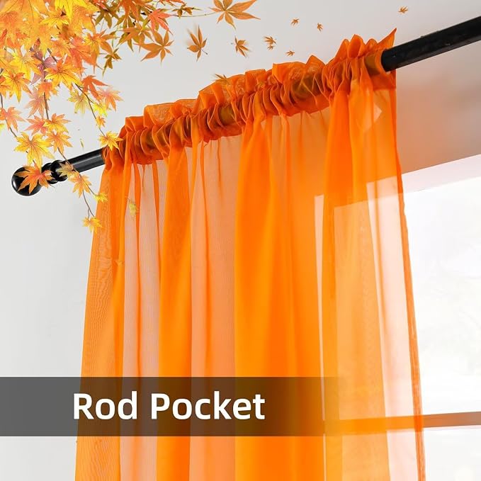 youleyar Solid Sheer Rod Pocket Curtain Voile Draperies 2 Panels Orange Beige - Image 3