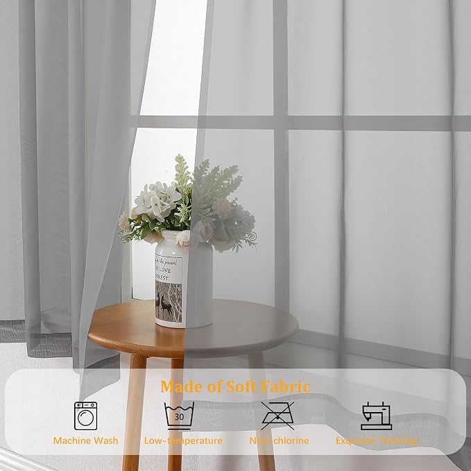 Gwine Light Grey Sheer Kitchen Curtains 36 Inch Length, Light Filtering Voile - Image 7