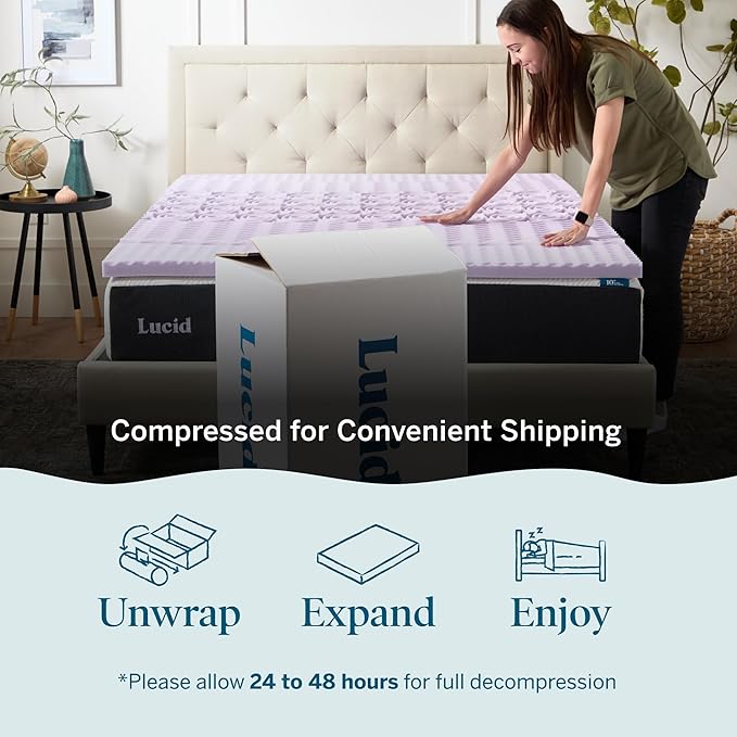 Lucid Lavender Infused 2 Inch Memory Foam Mattress Topper - Queen Size - Plush Feel - 5 Convoluted Zones - CertiPUR Certified - New Home Owner & Dorm Room Essentials