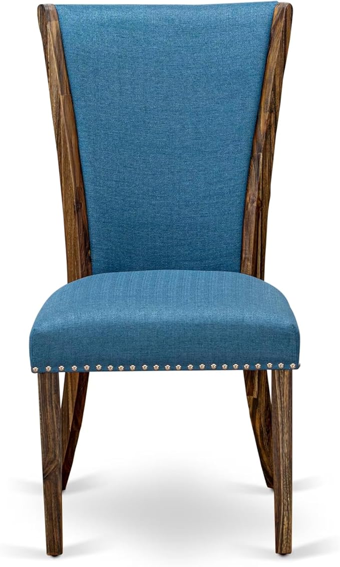 East West Furniture V777VE721-9 9 Piece Modern Dining Table Set Includes a Rectangle Wooden Table with V-Legs and 8 Blue Color Linen Fabric Parsons Dining Chairs, 40x72 Inch, Multi-Color