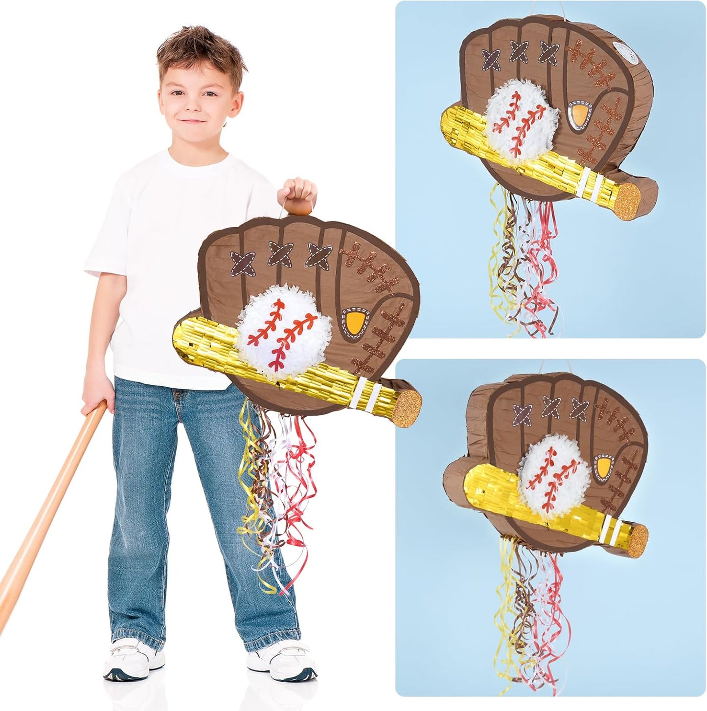 WERNNSAI Baseball Piñata - Baseball Piñata Bundle with Blindfold and Bat Sports Birthday Party Decorations for Boys Kids Pull String Baseball Gloves Piñata Family Games Baseball Party Supplies