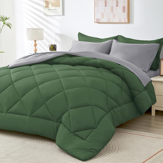 HEVUMYI Full Comforter Set - 7-Piece All Season Bed in a Bag Full, Ultra Soft Bedding Set with Comforter, Flat Sheet, Fitted Sheet, Pillowcases, Pillow Shams, Green & Light Grey