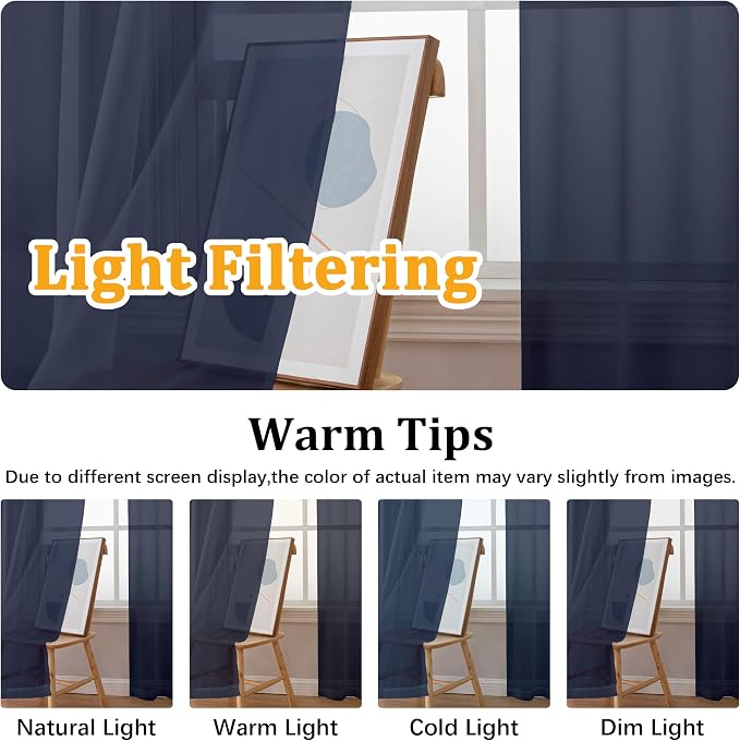 Gwine Navy Blue Sheer Kitchen Curtains 36 Inch Length, Light Filtering Voile - Image 5