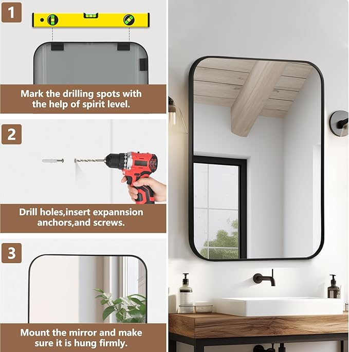 Matte Black Mirror, 26"x38" Rectangle Bathroom Mirror, Metal Frame Rectangle Corner Vanity Mirror, Wall Mounted Mirror for Modern, Living Room, Bedroom, Horizontal Or Vertical