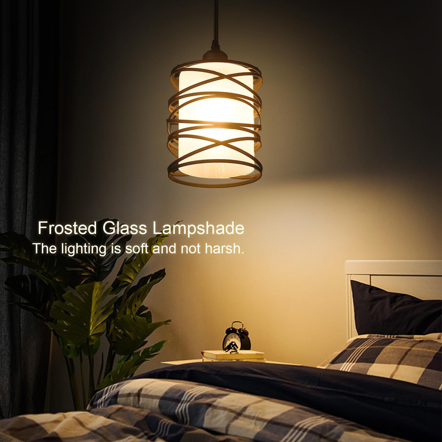 Modern Mini Pendant Light Fixture Kitchen Island Pendant Lighting 6.30''Matte Black Spiral Cage and Handblown Frosted Haze Glass Shade Hanging Lamp Adjustable Cord for Dining Room 1 Pack