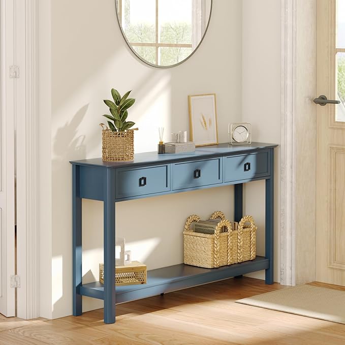 Treocho 53.1" Console Table with 3 Drawers, Modern Entryway Table, 2-Tier Narrow Long Sofa Table Behind Couch Table for Living Room, Hallway, Blue