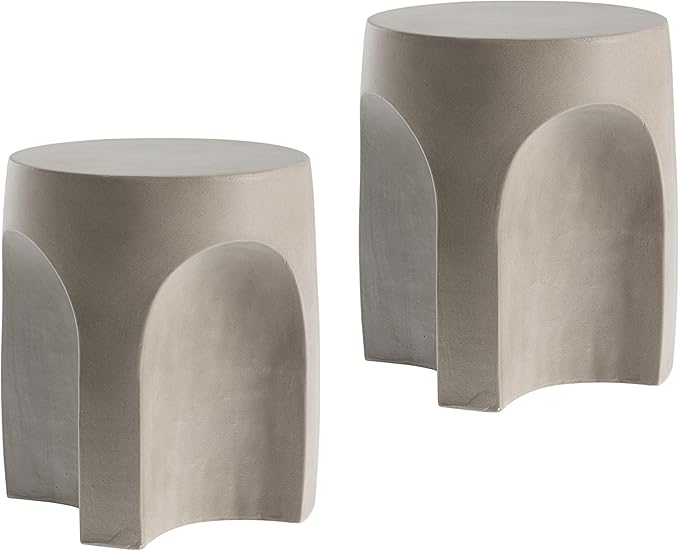 COSIEST Set of 2 Concrete Side Table Drum Shape, 2 Pieces Outdoor Side Table, Patio Accent Cement End Tables, Garden Decorative Stool, Plant Stand Drum Table, Grey