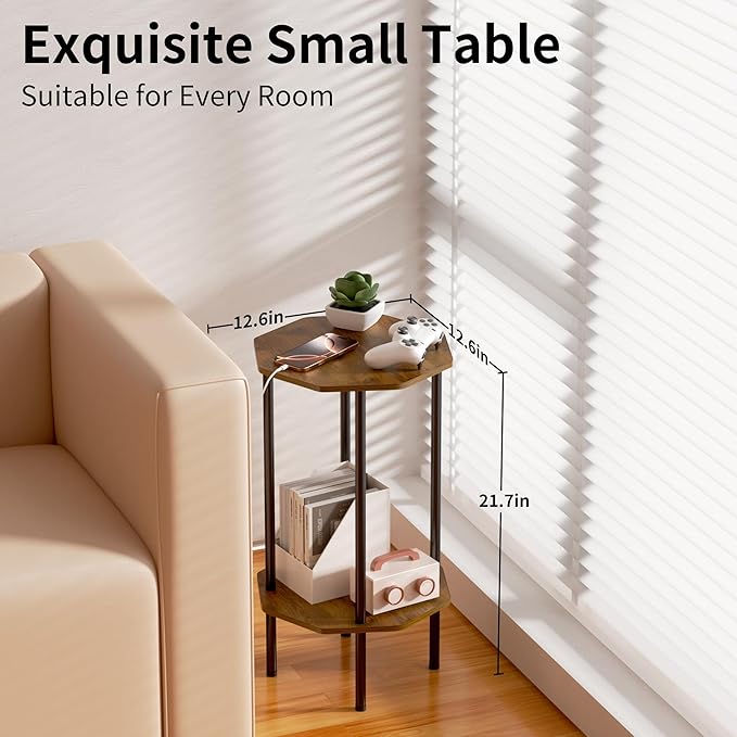 Side Table, Octagonal End Table for Small Spaces, Nightstand with 2 Storage Shelves, Small Table Stand for Bedroom, Living Room, Outdoor Balcony(Brown)