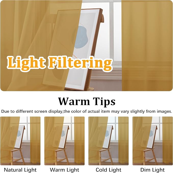 Gwine Gold Sheer Curtains for Living Room 45 inches Long, Short Voile Light - Image 5