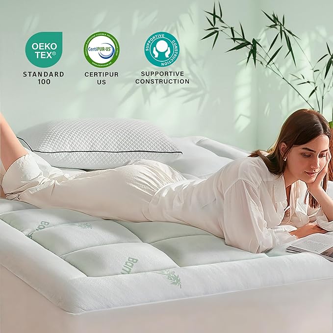 Anluoer Memory Foam Mattress Topper Queen for Back Pain, Rayon Derived from Bamboo Pillow Top Mattress Topper for Hot Sleepers,Cooling Mattress Pad with 8-21" Deep Pocket, 60x80 Inches, White
