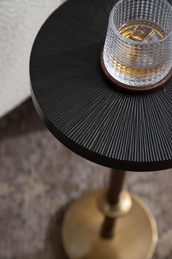 Kate and Laurel Engles Traditional Adjustable-Height Pedestal Drink Table, 10 x 10 x 30, Antique Brass and Black, Vintage Round Indoor Metal Plant Stand with Embossed Sunburst Pattern
