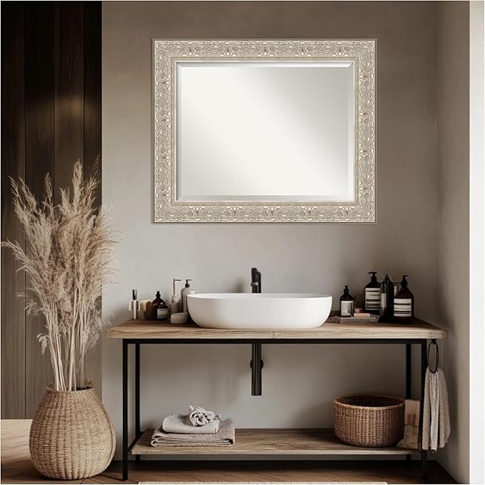 Amanti Art Silver Bathroom Mirror for Over Sink, 29x35 Luxe Silver Cream Rectangle Vanity Mirror, Large Traditional Frame, Hangs Horizonally and Vertically, Bathroom Wall Decor, Beveled Edge