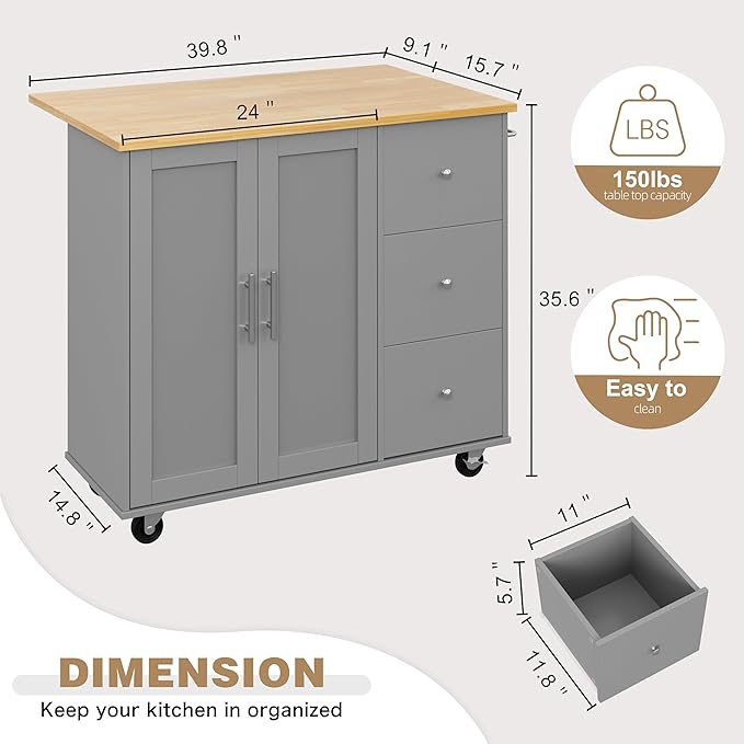 Shintenchi Kitchen Island with Folding Drop Leaf, Rolling Island Table with Storage, Kitchen Cabinet on Wheels with Seating Area for Kitchen, Bar Cart with Cabinet, Gray