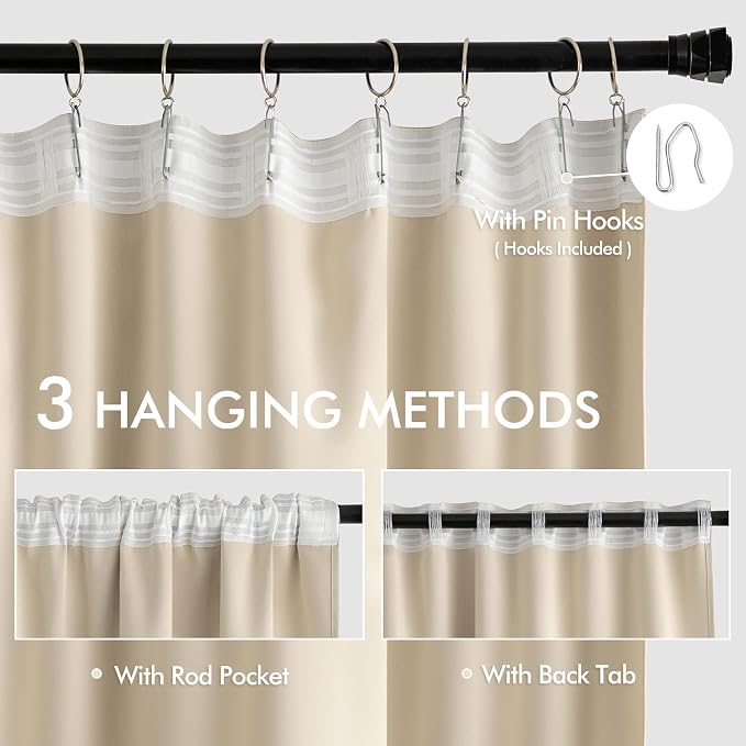 MIULEE Cream Beige Back Tab Light Blocking Curtains 104 Inch Length 2 Panels Set - Image 3