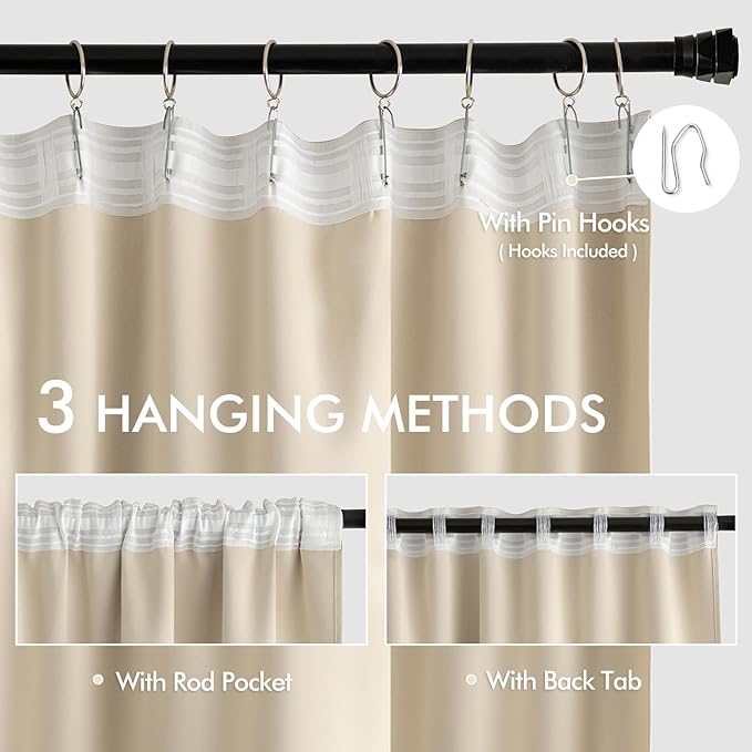 MIULEE Cream Beige Back Tab Light Blocking Curtains 132 Inch Length 2 Panels Set - Image 3